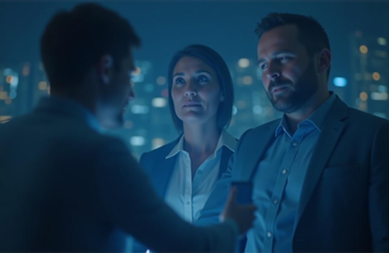 Equipo de negocios profesional discutiendo soluciones de telecomunicaciones con banner de oferta especial