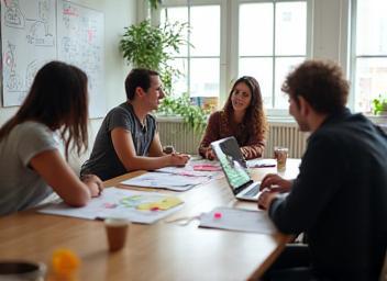 Collaborative design critique in a bright meeting room