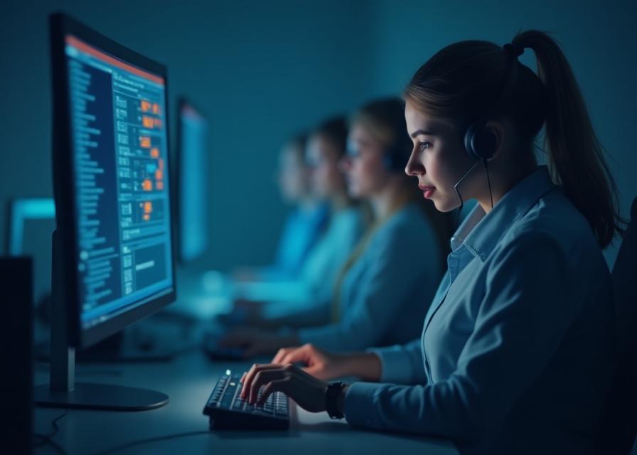 Agentes de centro de llamadas trabajando con interfaz de software