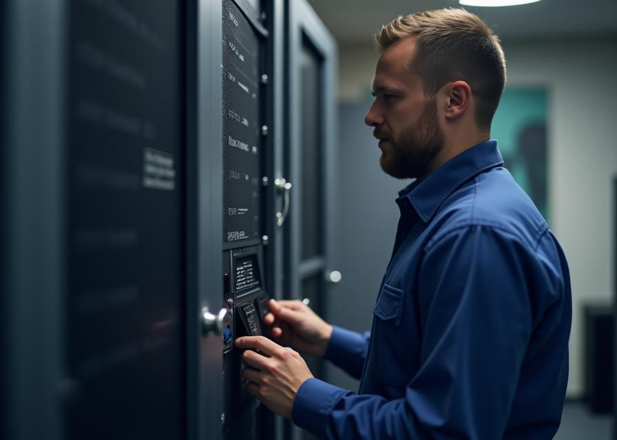 Técnico instalando sistema telefónico empresarial